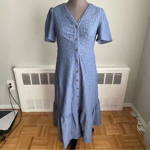 Blue short sleeved Button-Down eyelet midi Dress